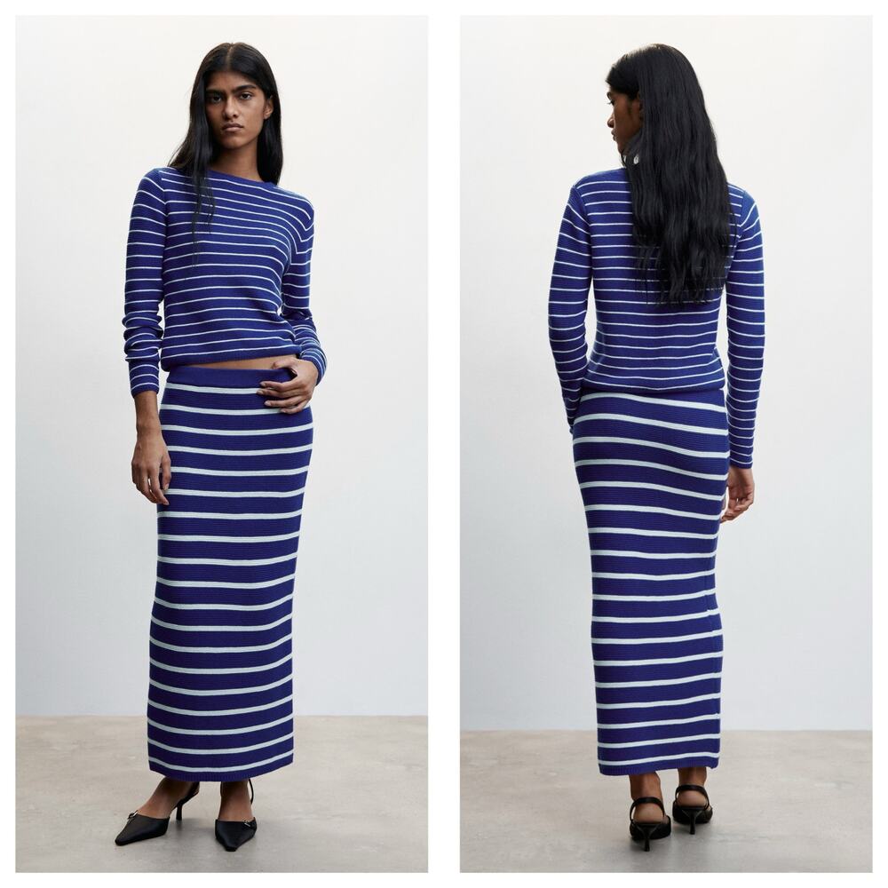 NWT Mango Striped Knitted Midi Skirt Size Medium Blue White Stretch